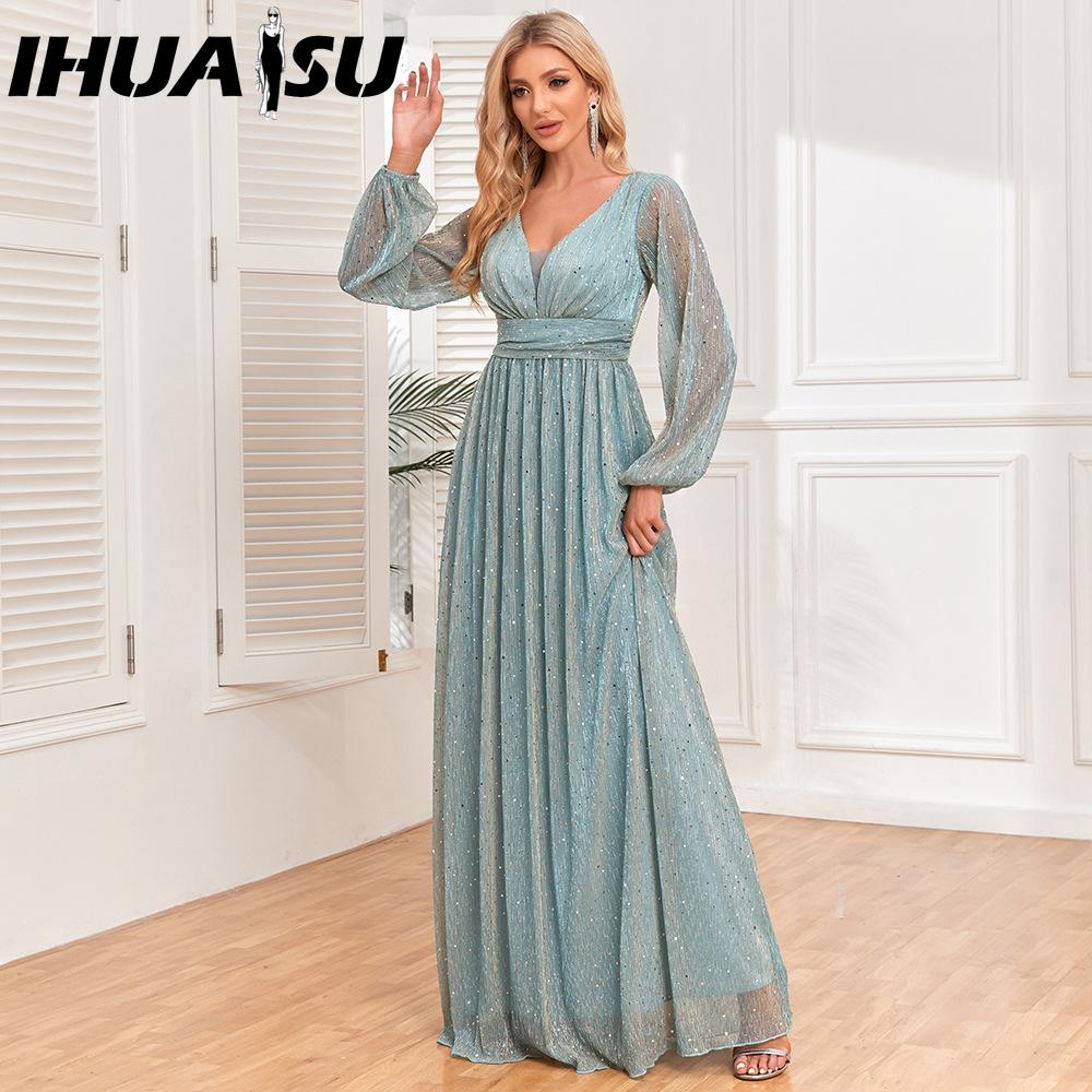 

IHUASU Весна-осінь Жіноча блискуча плісирована еластична перспективна спідниця з V-подібним вирізом і довгими рукавами, елегантна вечірня сукня на підкладці 4XL світло-зелений колір