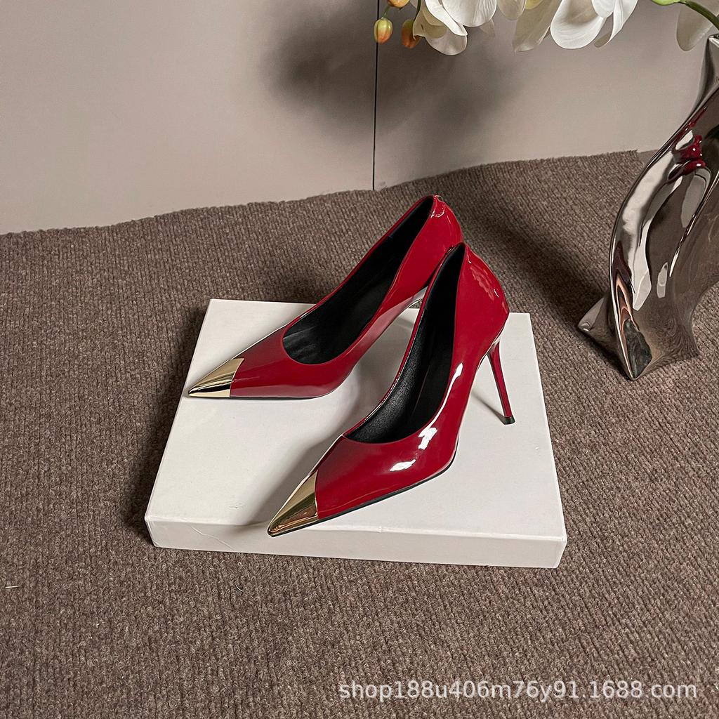 [Spot] French Burgundy Sexy Autumn and Winter New Pointed Metal Head High Heels Temperament Stiletto Shoes