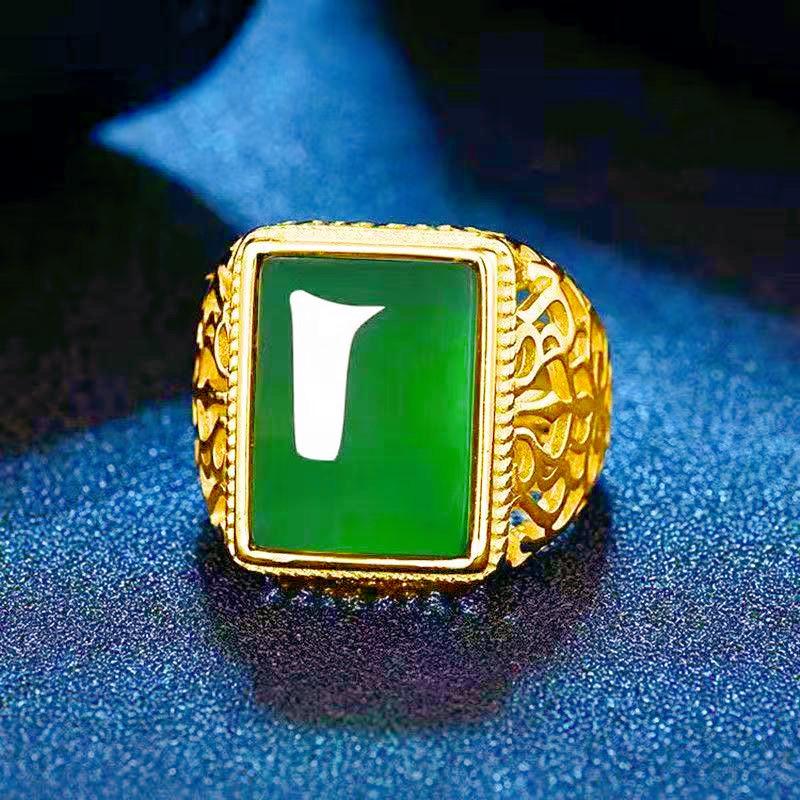 Ethnic Hollow Imitation Green Agate Men Adjustable Ring