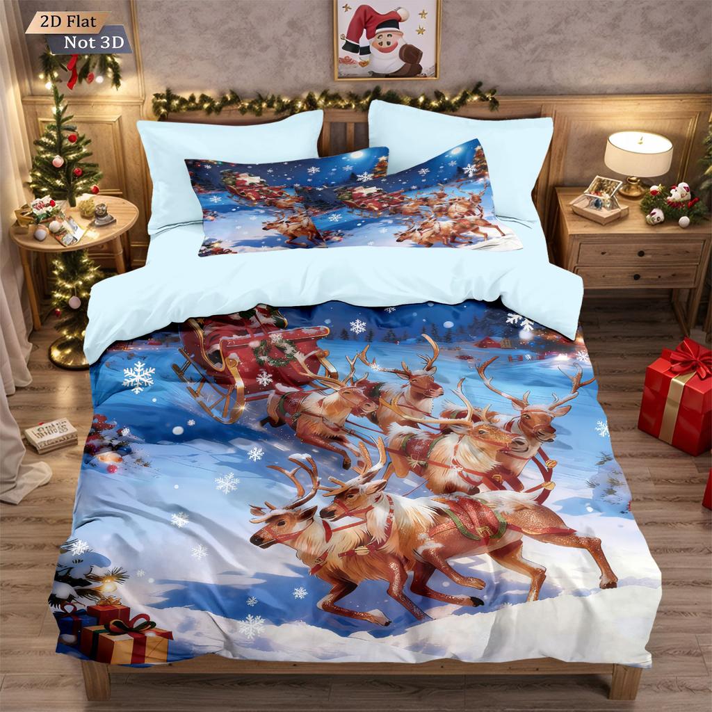 Three-piece Christmas Bedding Set, Brushed Duvet Cover and Pillowcase Set with Santa Claus Digital Print