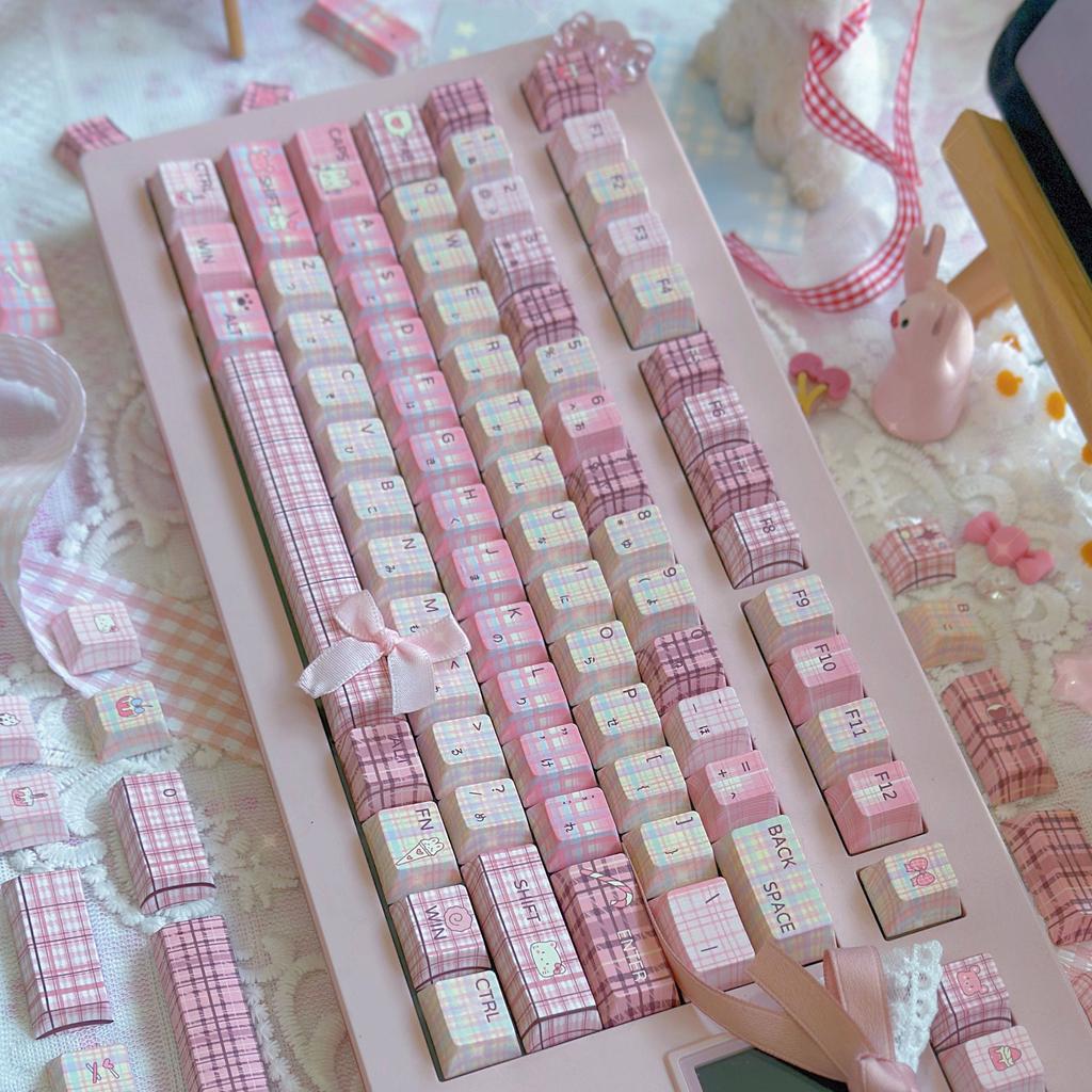 MAIMOOO Keycaps Jk Girl Theme Pink Plaid Cherry Pbt Custom Keyboard Keycaps For Diy Aula F75 F87 F99 / Ajazz