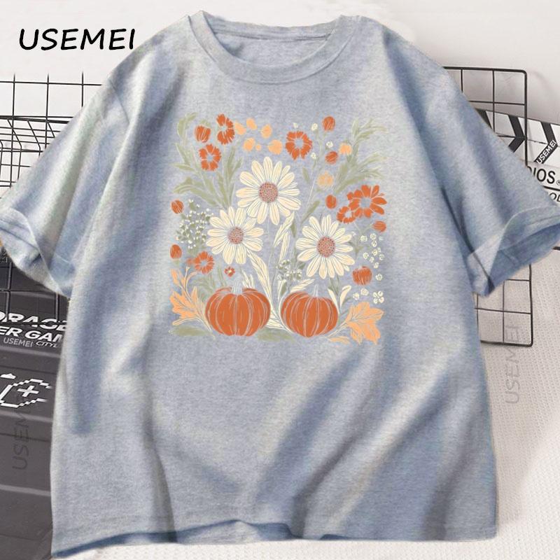 Boho Fall Floral T Shirt Retro Fall Tshirt Autumn Vibes Pumpkin Season Graphic Tee Women Vintage Halloween Women Clothing Tees