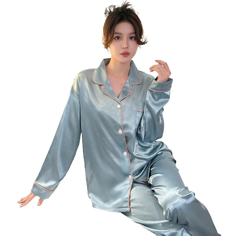 Französischer Langarm-Pyjama Cardigan Revers Design Sinn Loungewear Zweiteiliges Set Einfacher Und Bequemer Stil