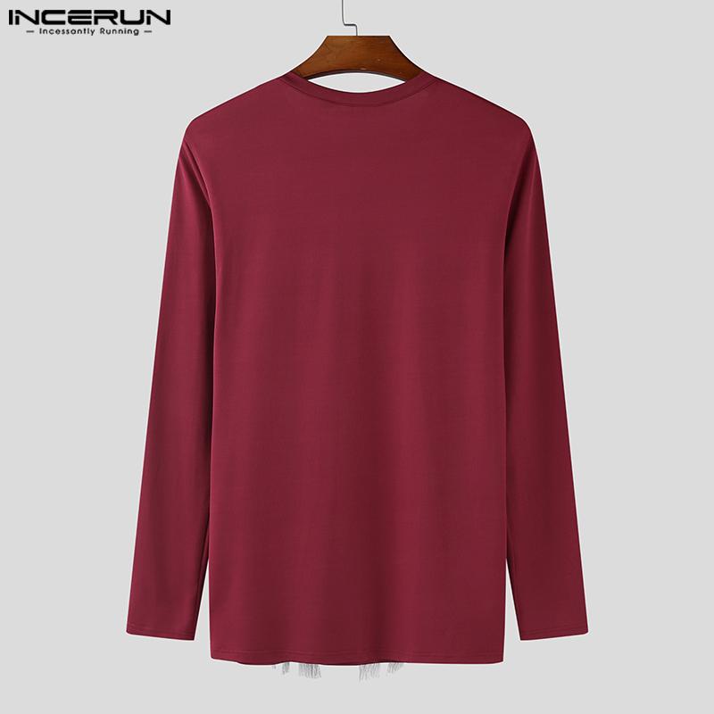 INCERUN Men Long Sleeve Glitter Tassel Patchwork Casual Fitted T-shirts Tops