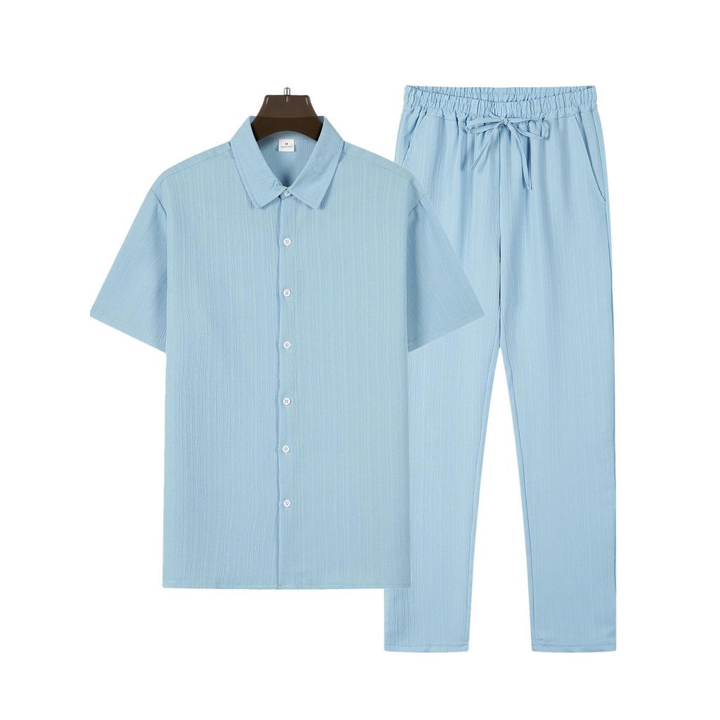 Mens Casual Stripe Two Piece Sets Solid Color Lapel Short Sleeve Tops and Long Pants Suits Spring Summer Sports Streetwear Cloth