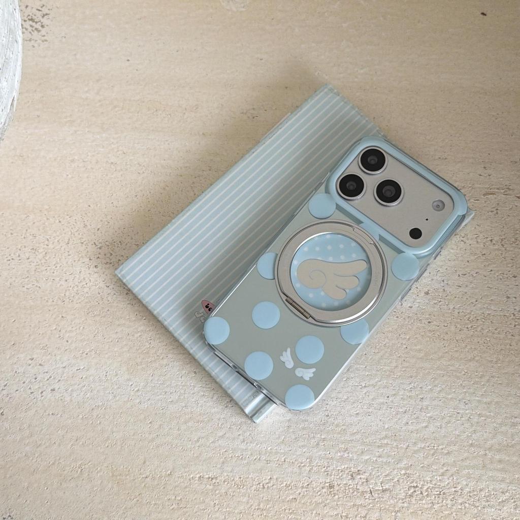 Apple 17 Pro Phone Case with Electroplated Rotating Stand, Fits 16 Pro Max/15 Pro, Polka Dot Korean Style