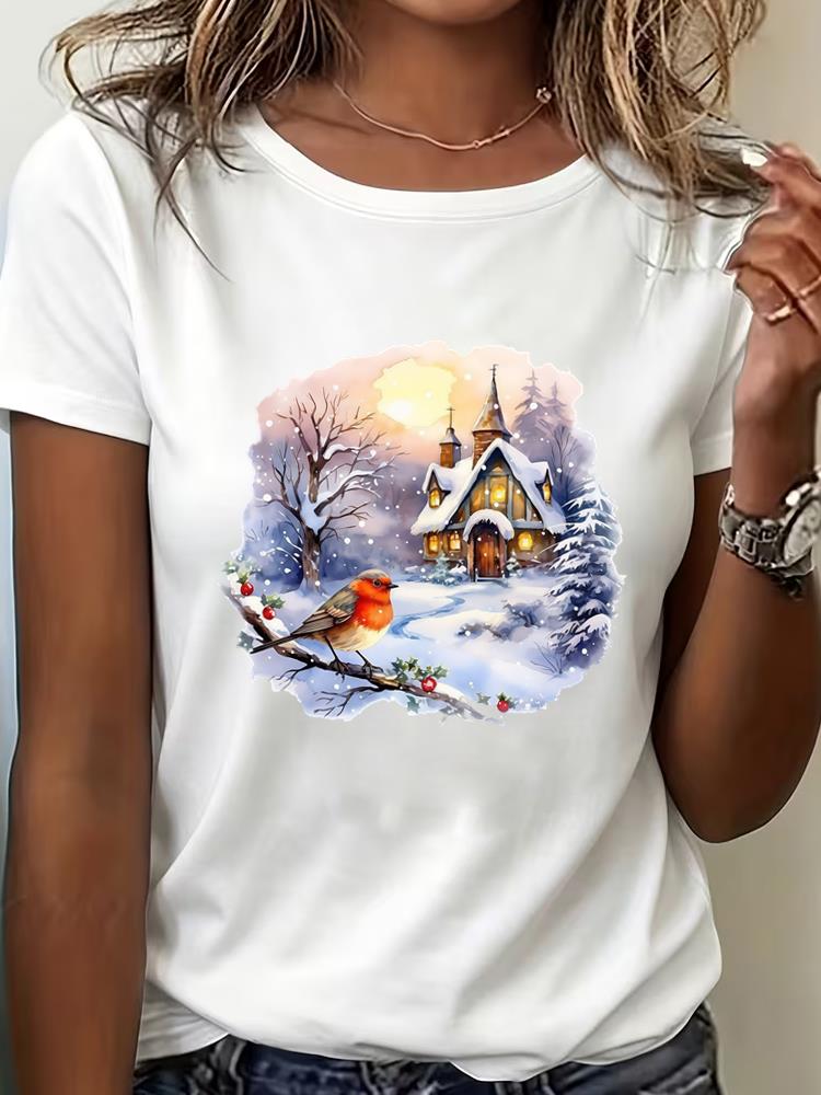 (Asian Size) Watercolor Tree Clothing New Year T Shirt Women Fashion Christmas Festival Tee Top Print Woman Short Sleeve Graphic T-shirts
