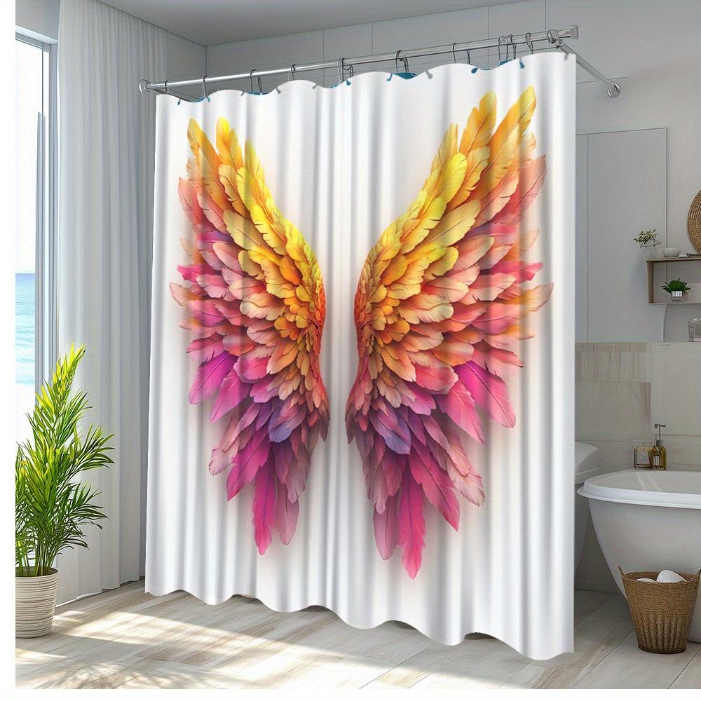 1Pc Vibrant Angel Wings Shower Curtain - Polyester, Hand Wash Only, 70. 8X70. 8 Inches, Colorful Feather Design With Golden Acce