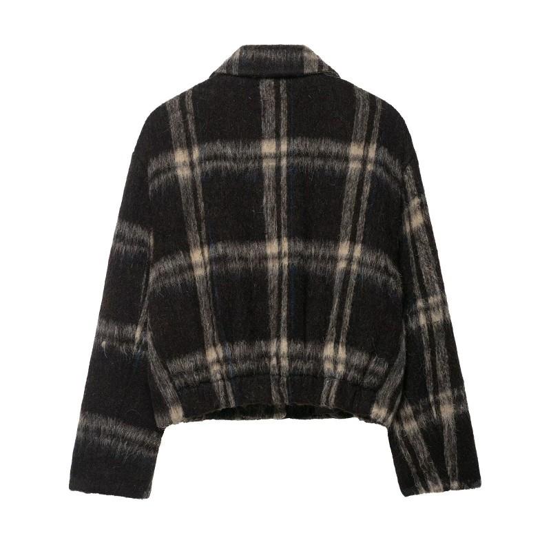 Womens Wool Blend Plaid Jacket Loose Fit Streetwear Outerwear Long Sleeve