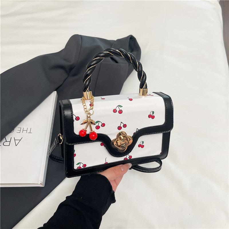 

New cute cherry printed messenger bag twist portable small square bag fresh contrasting color design girls bag