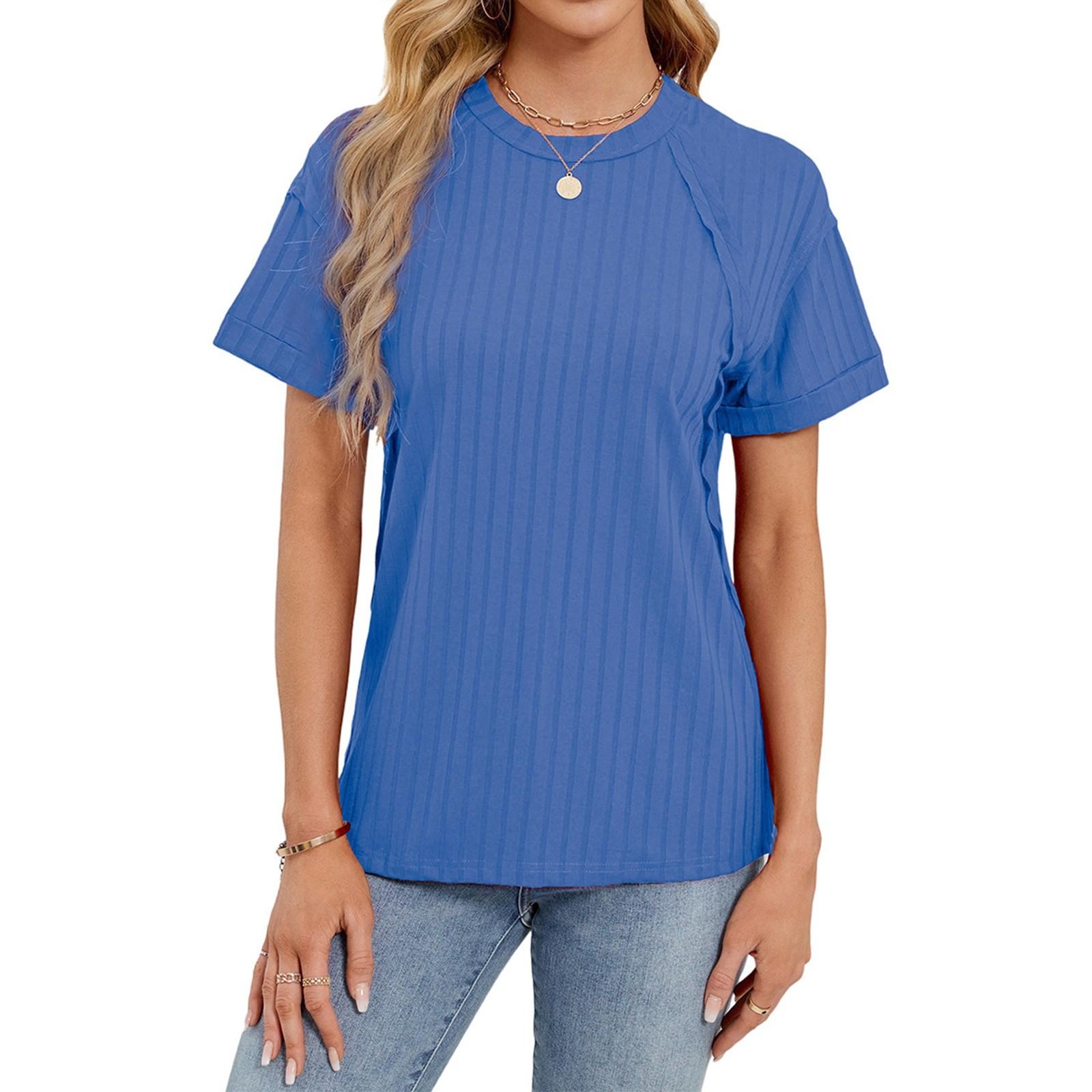 

Женская мода однотонный круглый вырез с короткими рукавами пуловер повседневная футболка топ XL