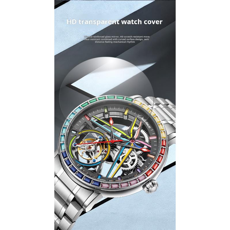 Dulunwe Regenbogenfarbene Edelstein-Tourbillon-Mode-Skelettuhr für Herren, wasserdicht bis 30 m, Sportuhren, luxuriöse automatische mechanische Armbanduhr