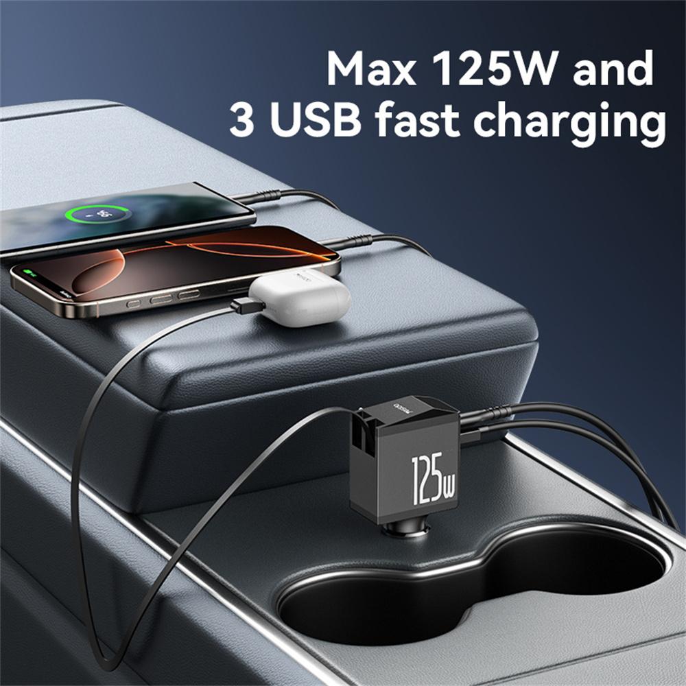 YESIDO Y71 125W Fast Charging USB A + Type C Car Charger with Retractable Cable and iP Adapter