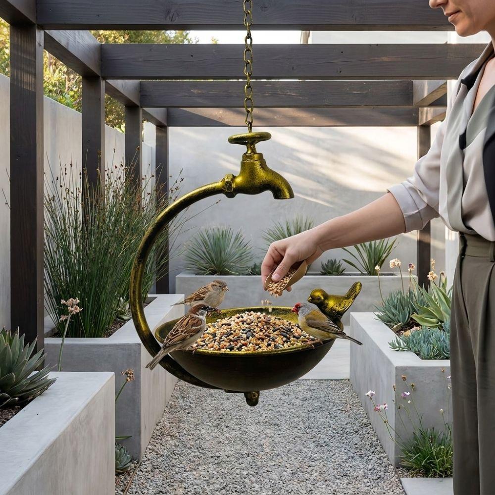 Faucet Design Metal Bird Bath Handcrafted Iron Bird Feeding Bowl Hanging Bird Feeder  Backyard Use