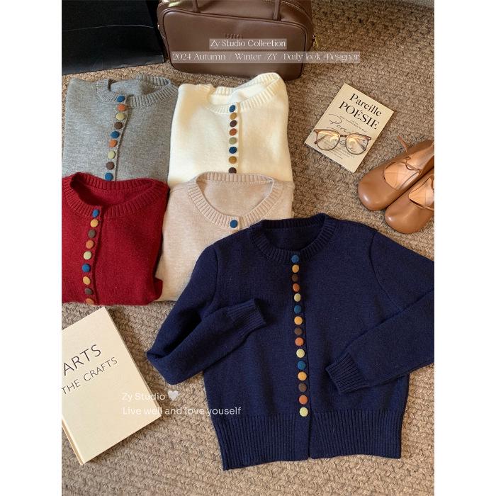 Women's Autumn 2024 Red Knitted Sweater Cardigan - Colorful Button, Crew Neck, Long Sleeve, Soft Angora Blend.