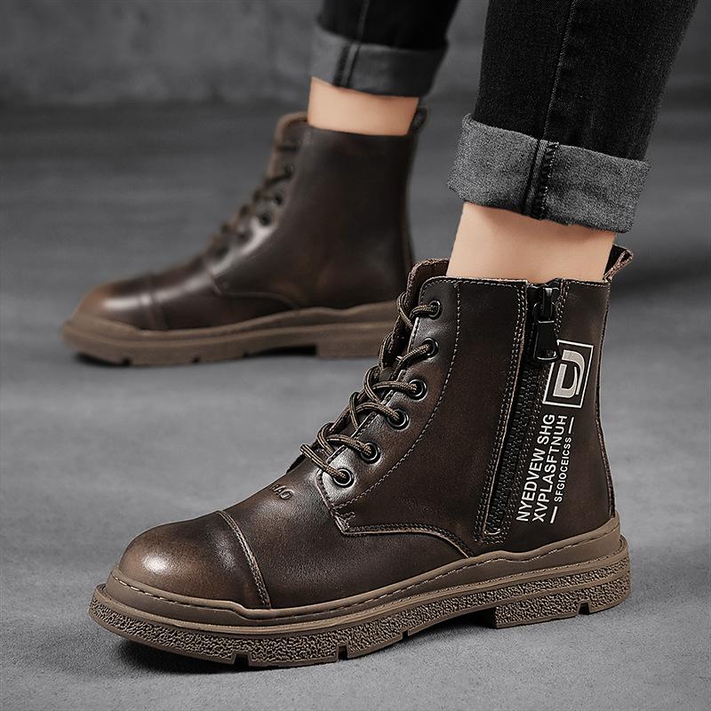 Winter Herrenstiefel aus echtem Leder Warme Plüsch-Schneestiefel Outdoor Wasserdichte Herrenstiefel Mode Reißverschluss Motorradstiefel