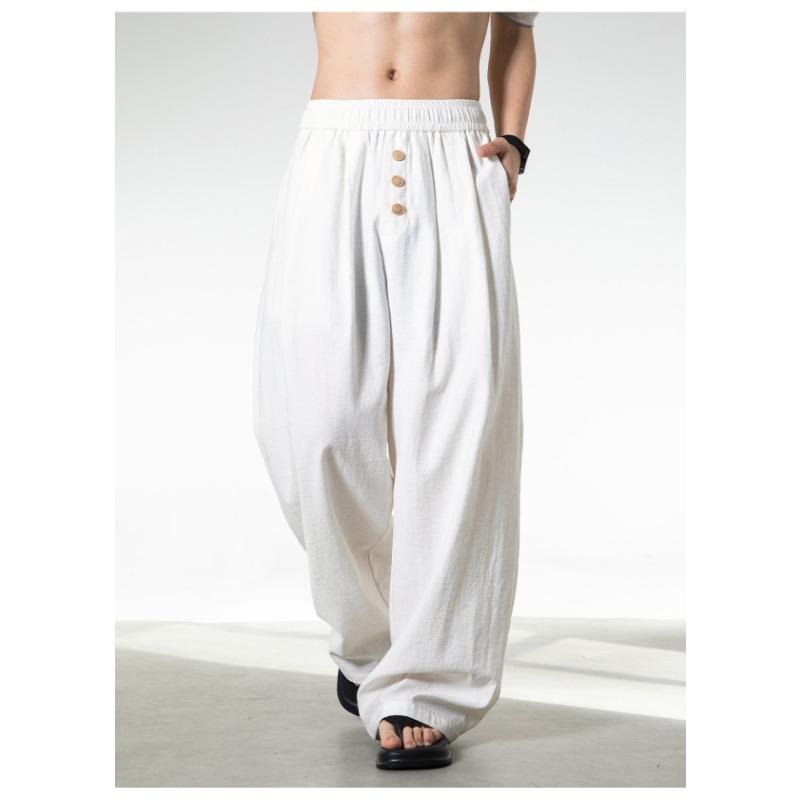 Mens Loose Straight Long Contrast Color Button Front Casual Pants