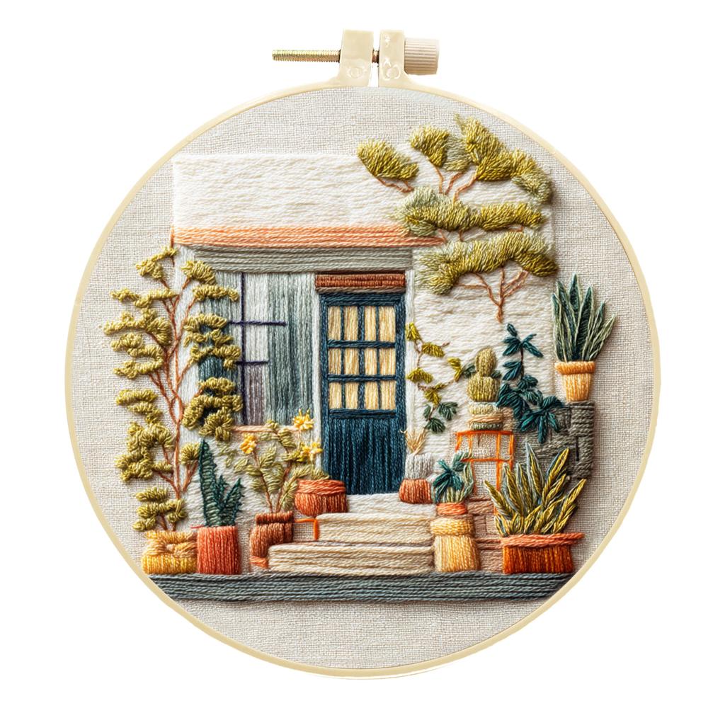 1 Set Cafe Garden Themed Embroidery Kit, Including Tools and Stitch Tutorials Suitable for Beginners, Embroidery Fabric Material Kit Cotton Linen