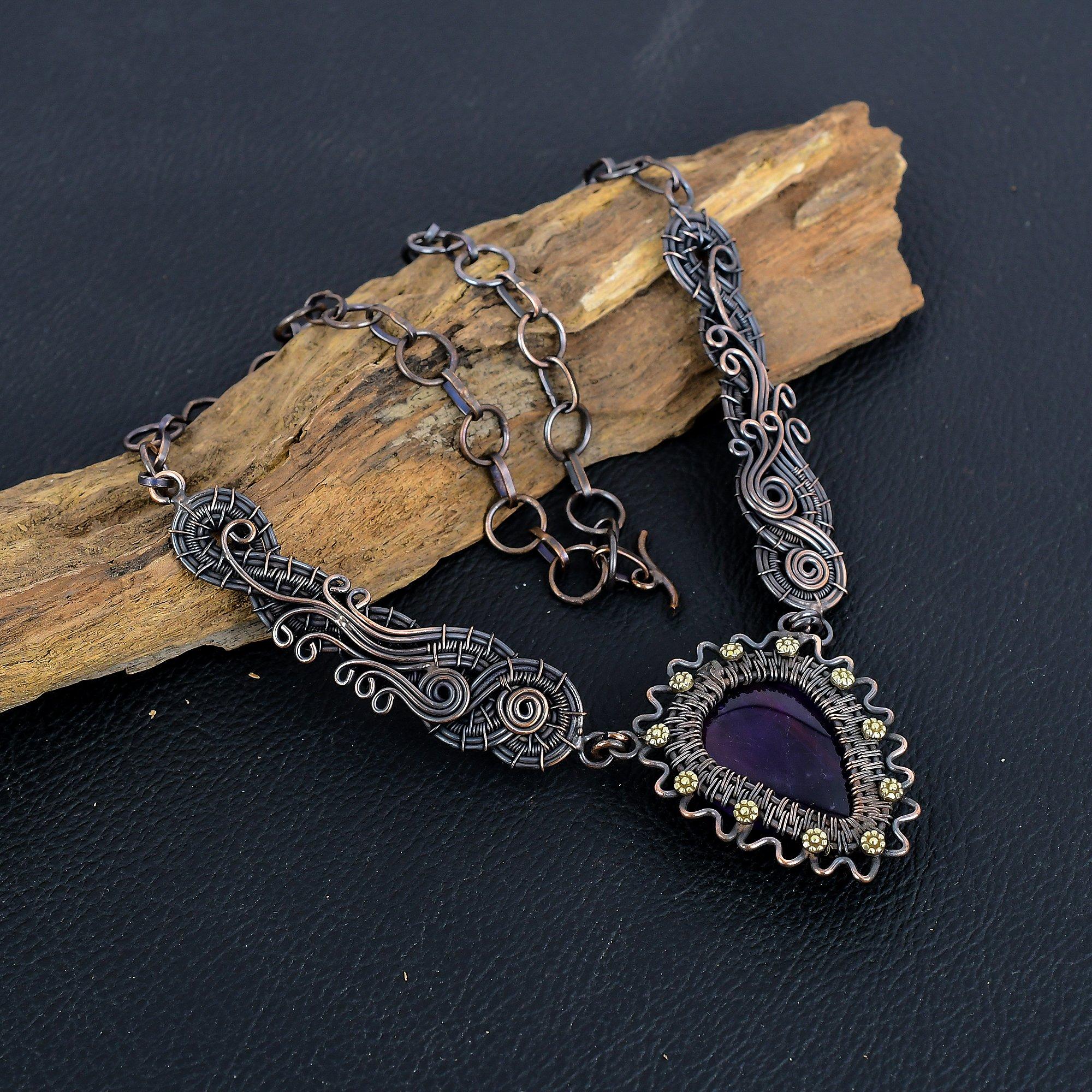 

Amethyst 999 Copper Wire Wrapped Necklace with Adjustable Chain, Handmade Gemstone Jewelry Necklace For Memorial Day