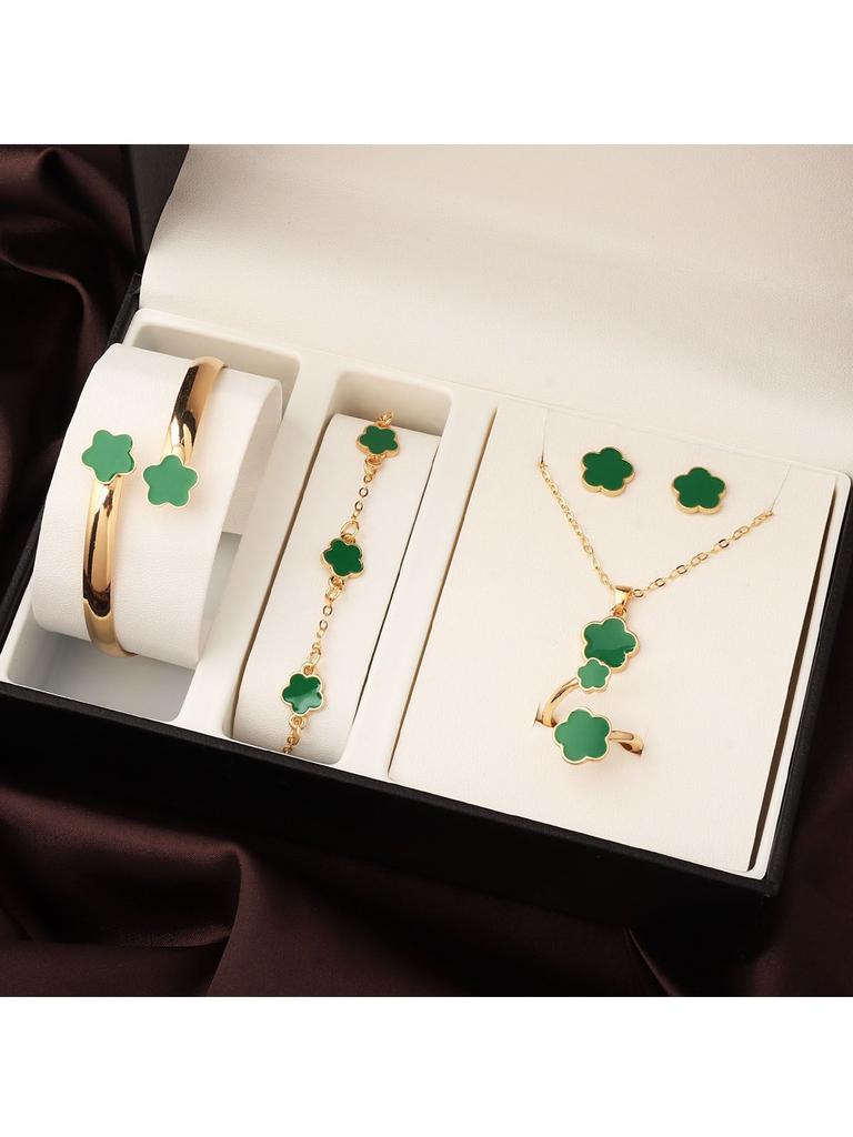 Flower Shape Jewelry Set Bracelet Necklace Ring Earrings Adjustable Chain Accessory for Women and Girls Fashion Jewelry Gift