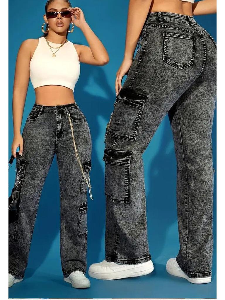 European & American Fashion Multi-Pocket High Elastic Denim Chain Work Pants