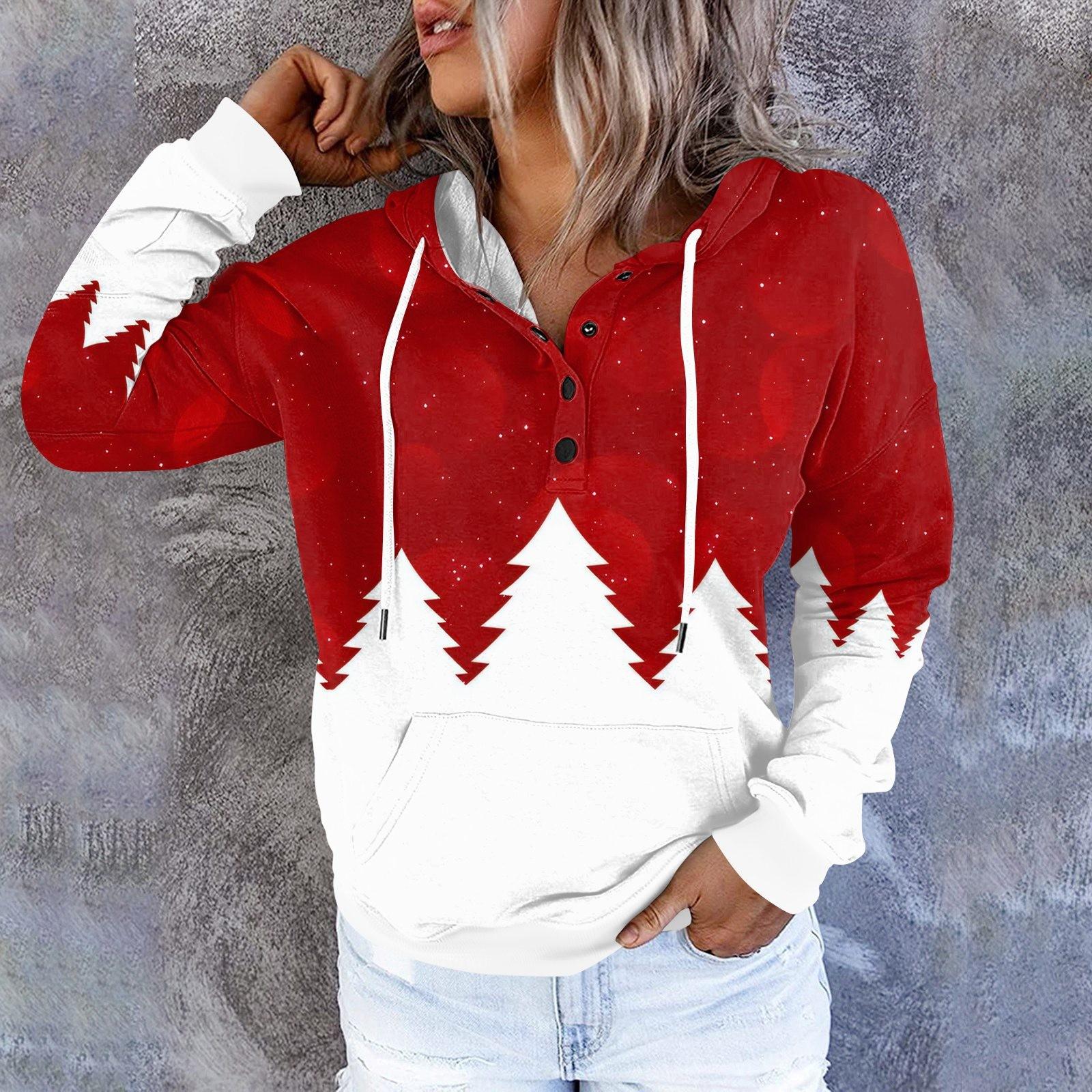 

Женские повседневные модные принты с длинным рукавом на пуговицах пуловеры с капюшоном толстовки M красный