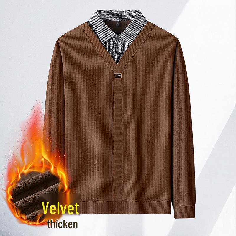 Men s Striped Layered T-shirt with Velvet - Business Casual Fashion for Autumn/Winter L