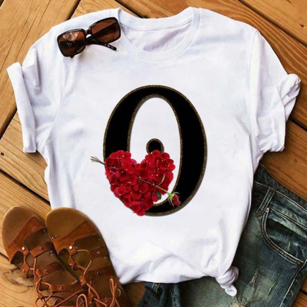 Rose ABC Alphabet Graphic Print White Tee Women Casual Loose Oversize Shirt Top Daily Wear Durable Plus Size Short Sleeve