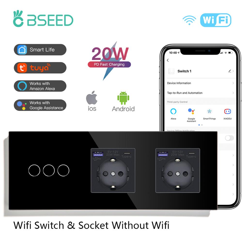 BSEED 1/2/3Gang Wifi Wall Touch Switches 2/3Way Smart Switch With 20W Type-C USB EU Socket Support Tuya Smart Life Google Alexa