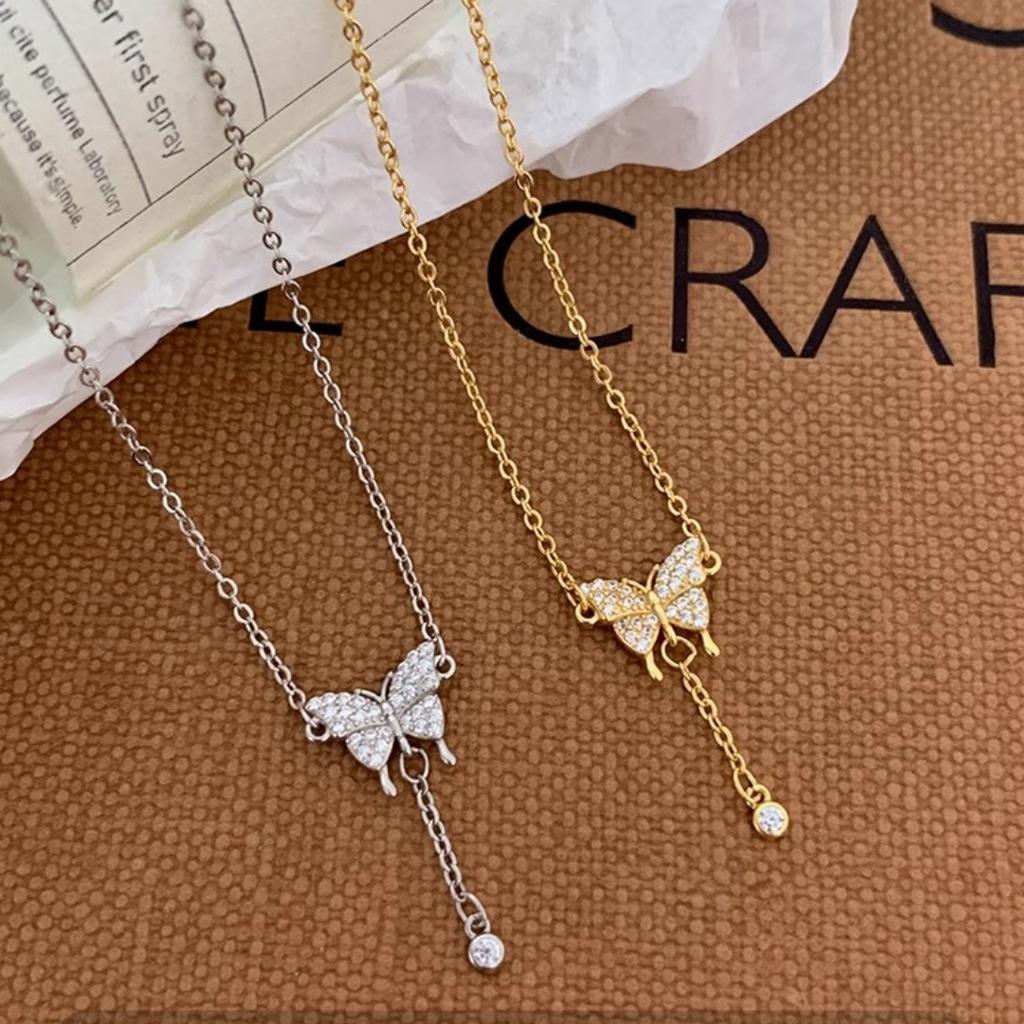 Korean Simple and Exquisite Flash Diamond Butterfly Necklace Personalized Neck Chain Full of Diamonds Zircon Collarbone Chain Tide