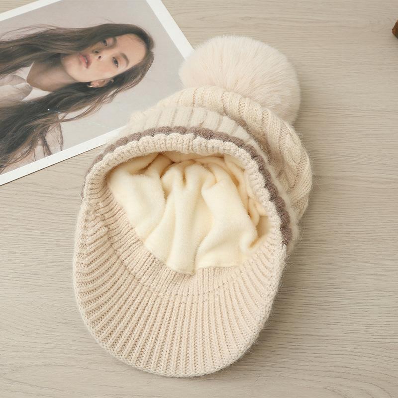 Korean Version of Versatile Wool Ball Plus Velvet Thickened Warm Hat Autumn and Winter Outdoor Leisure Cold-proof Duckball Cap Knitted Wool Cap