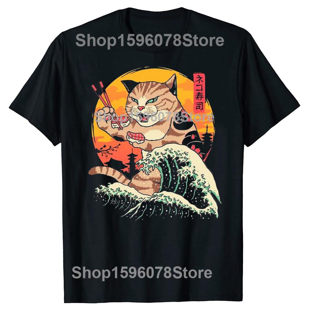 Funny Cat Eating Sushi Graphic T Shirts Men Women Pure Cotton Humor Streetwear Tee Shirt Short Sleeve Unisex Loose Clothing