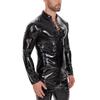 Men's PU Leather Mirror Surface Stand Collar Jacket - Black Slim Fit, Lace-up Style with Long Sleeves.