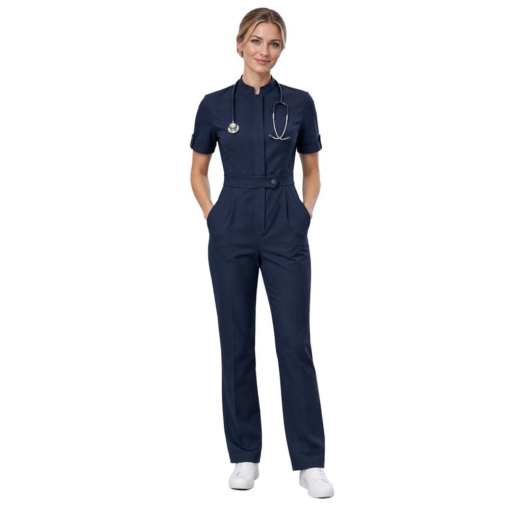 Women Color Block Scrub Romper Short Sleeve Front Zipper Straight Leg Jumpsuit Medical Workwear for Doctor Nurse Salon