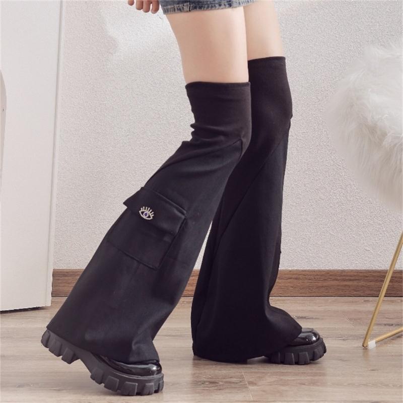 Punk Ribbed Cuffs Denims Leg Warmers with Rhinestones Pocket Harajuku Leg Cover Flared Over Knee Stockings Streetwear
