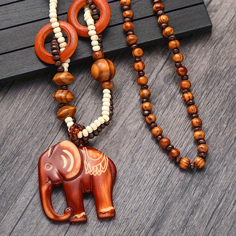 Kalung Resin Kayu Bohemian Wanita Gaya Etnis Retro Gajah Manik-manik Gantungan Sweater Rantai Aksesori Ledakan