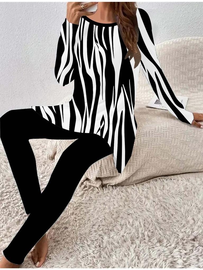 Moda Euroamerykańska Damski Zestaw Dwuczęściowy Koszulka z Długim Rękawem Czterosezonowa z Nadrukiem Geometrii 3D + Długie Spodnie. Idealny prezent na Nowy Rok i Boże Narodzenie