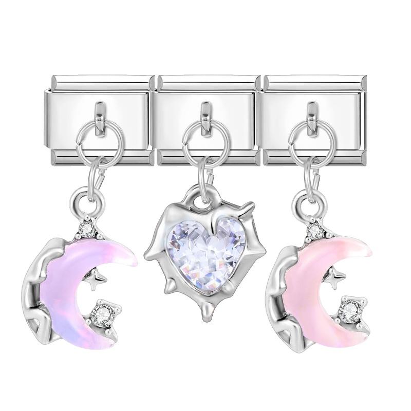 Y2K 3PCS Colorful Crystal Zircon Pendant Moon Star Bow Italian Charm Links Stainless Steel Fit 9mm Bracelet Jewelry DIY Making