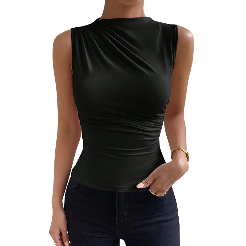 2025 Fashion Sleeveless Semi-high Neck Ruched Pullover Vest