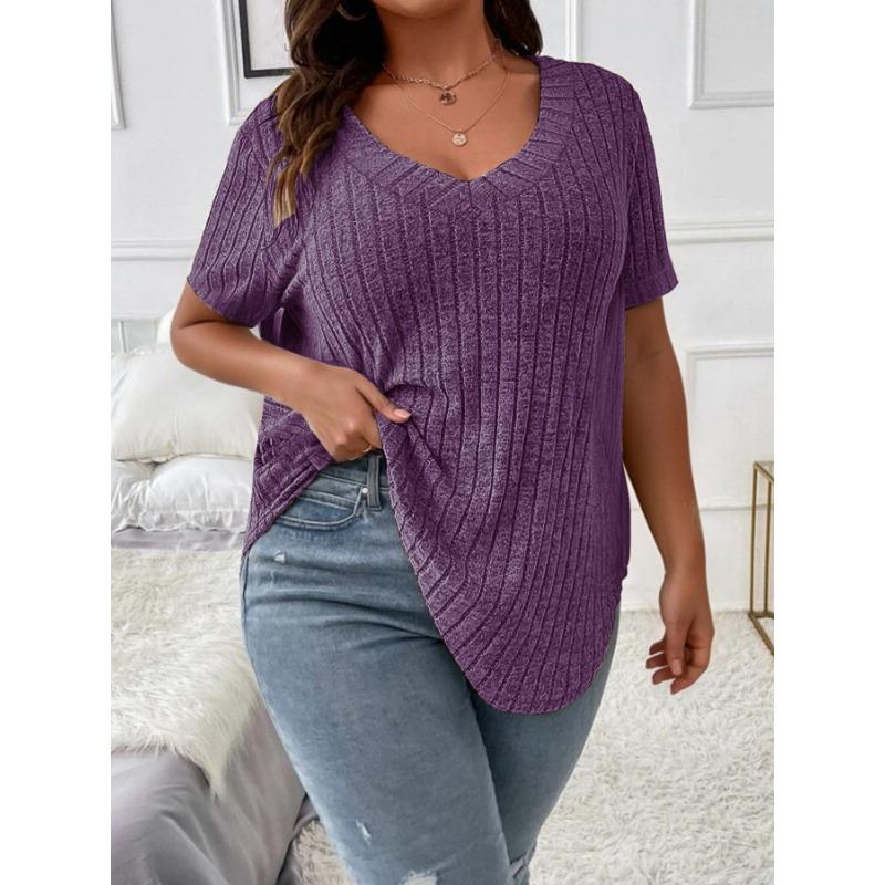 Women s Plus Size Solid Ribbed Knit V Neck Short Sleeve Curved Hem Blouse XL фиолетовый