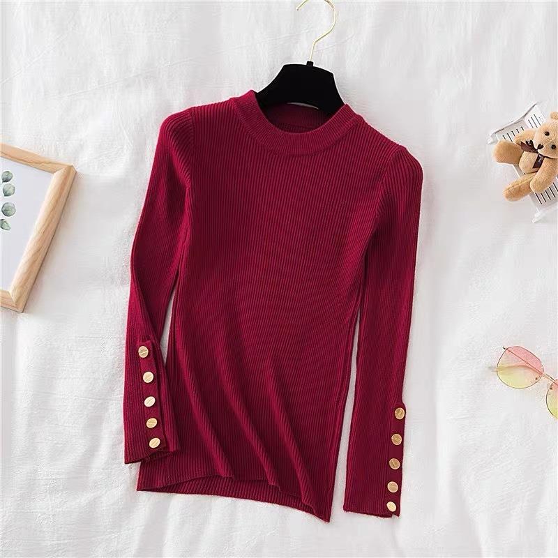 Autumn and Winter Long Sleeve Soft Knitted Women's Sweater Half High Collar Solid Bottom Pullover Sweaters Tops Ladies O Neck Casual Knitwears 24973