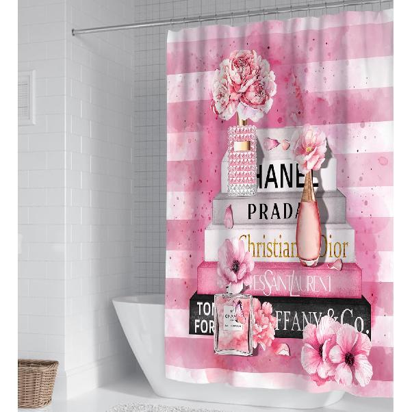 Fashion Luxury Girly Shower Curtain Pink Floral Shower Curtains Perfume Waterproof Polyester Fabric Shower Curtains for Bathroom Decor with 12 Hooks,