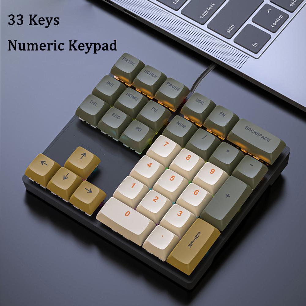 Multi-Color 33-Key Numeric Keypad with Lights Shaft Wired Mechanical Keyboard for Finance Business Laptop Computer Accessories