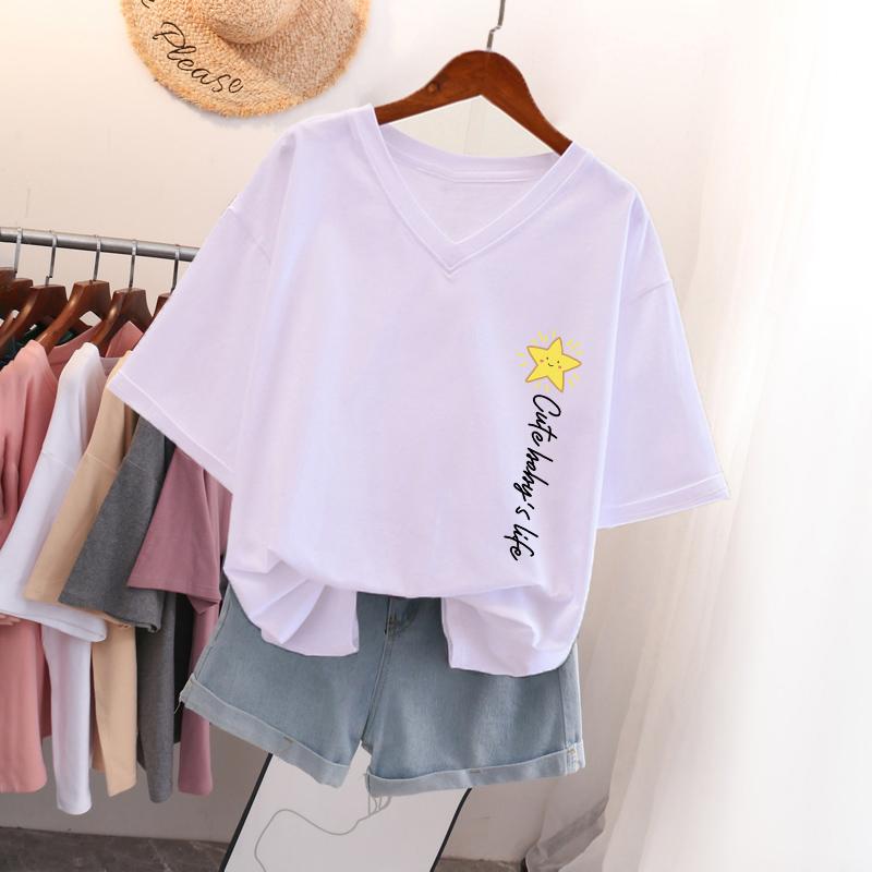 

Short-sleeved T-shirt for Women, Large Size, Loose and Slimming, Printed V-neck Top S білий