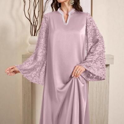 Women's V Neck Pearl Beaded Long Bell Sleeve Loose Solid Satin Maxi Dress Elegant Muslim Daily Abaya Gown