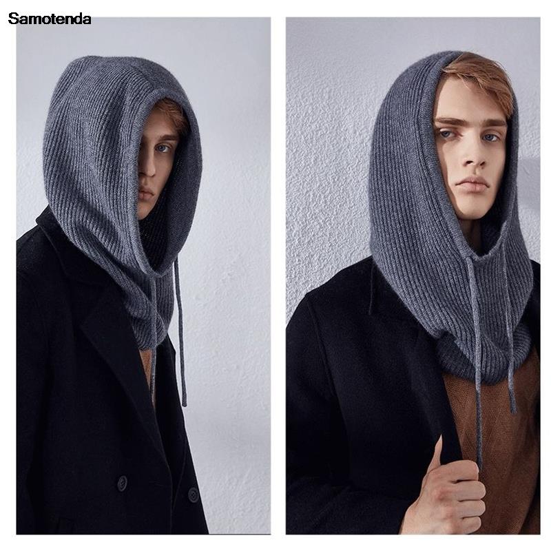 2025 Unisex Knitted Head Hood Faux Cashmere Hooded Neck Collar Cap Head Drawstring Thick Beanie Men Women Adjustable Elastic Hat