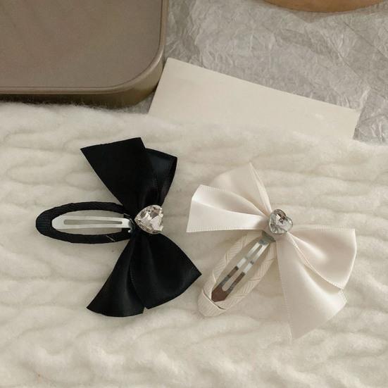 Women Hairpin Smooth Edges Smooth Satin Ribbon Bow Sparkling Rhinestone Rounded BB Clip Hair Accessory