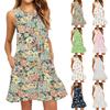 Kadın Modası Plaj Elbisesi Kolsuz Yuvarlak Yaka Çiçek Desenli Elbise