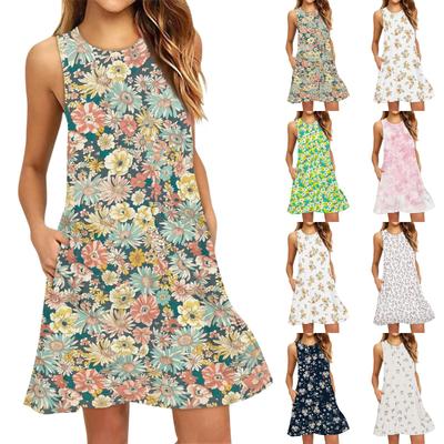 Women's Fashion Beach Dress Sleeveless Round Neck Floral Print Dress