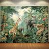 Retro Safari Backdrop with Wildlife and Lush Greenery Photography Background Cloth